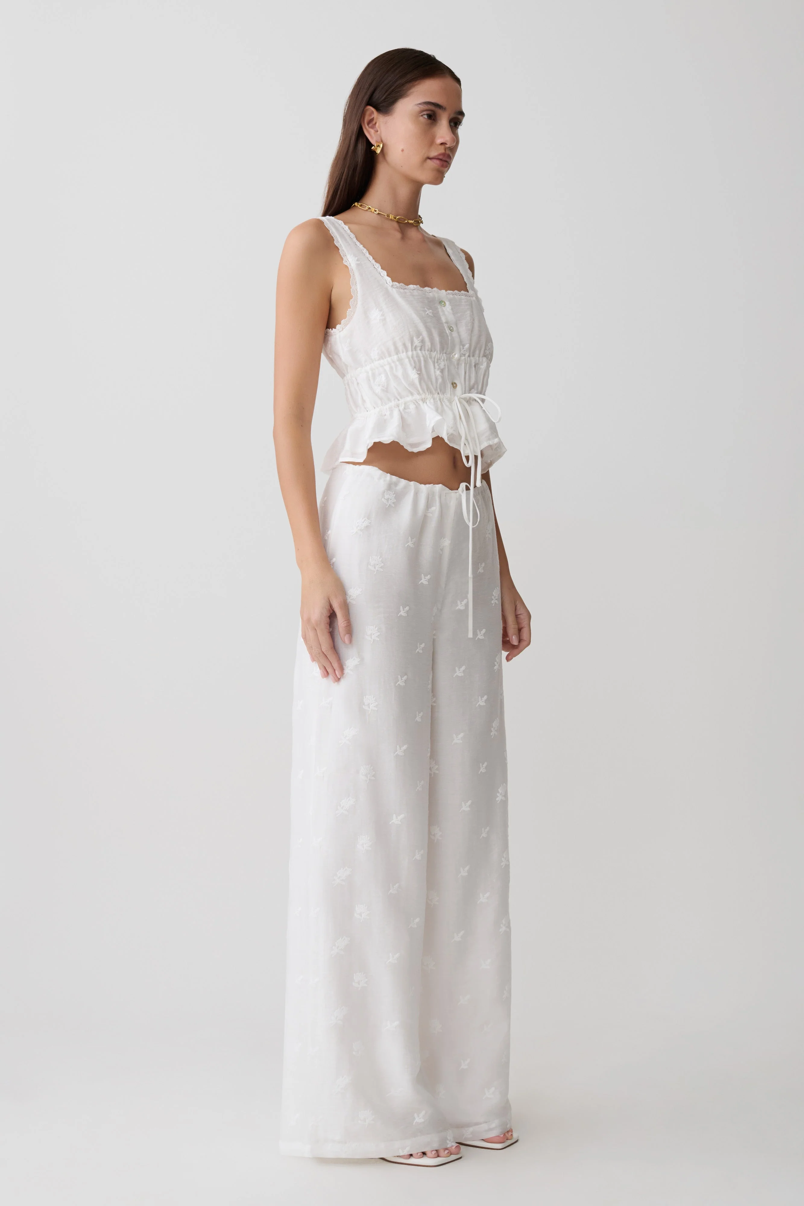 Vivian Tie Waist Embroidered Pant - White - Image 4