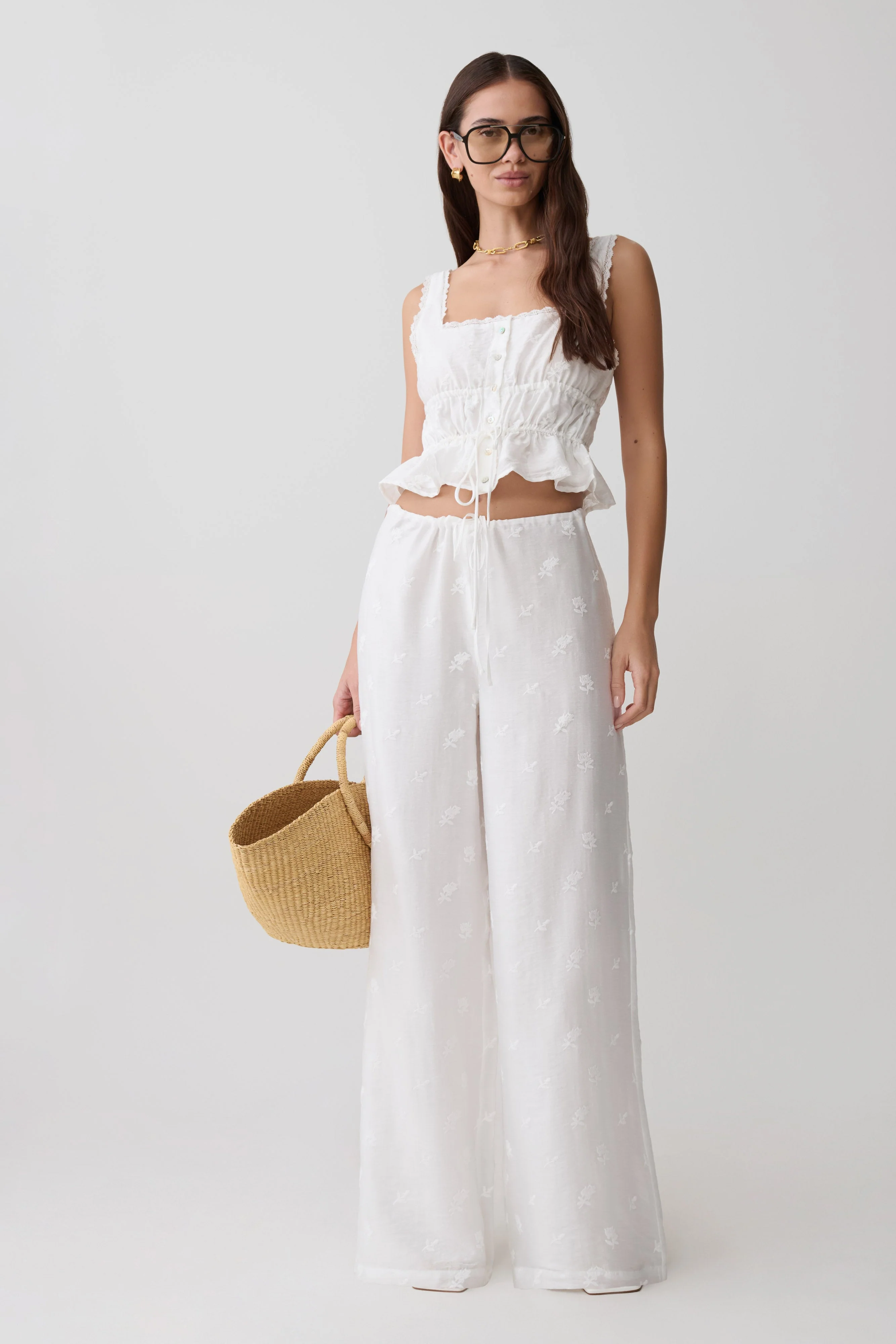 Vivian Tie Waist Embroidered Pant - White - Image 5