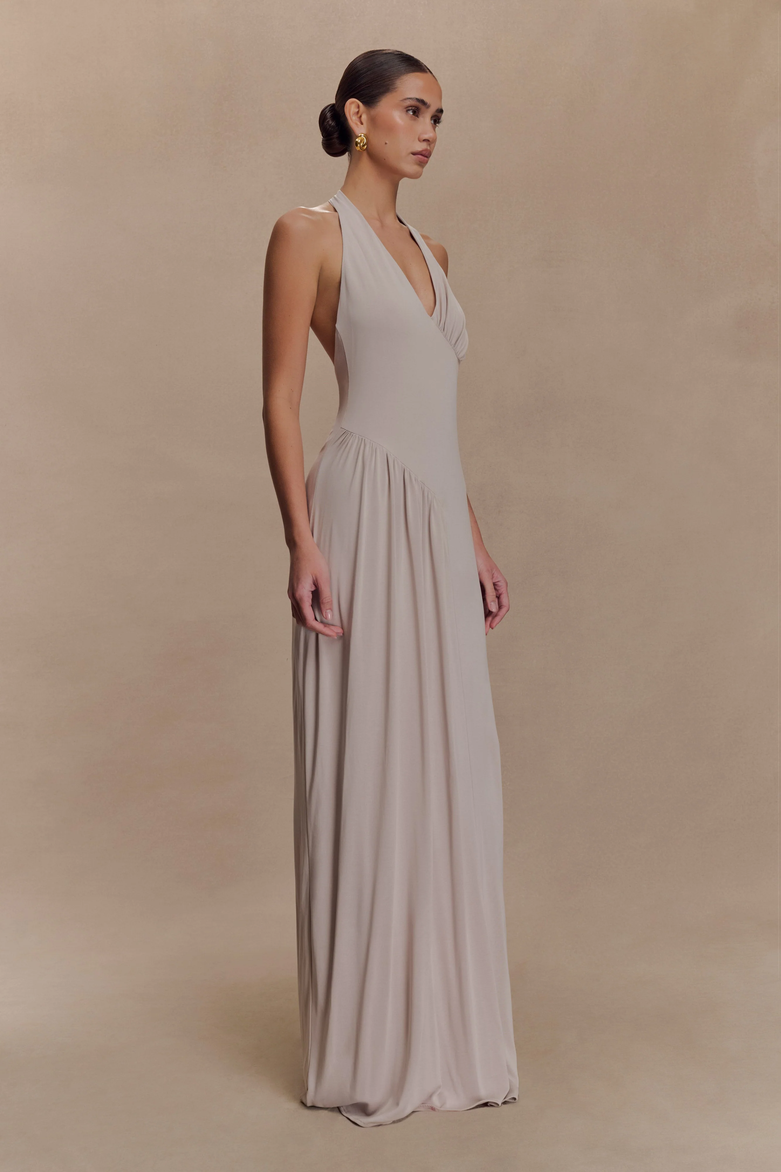 Yelena Ruched Halter Maxi Dress - Taupe - Image 4