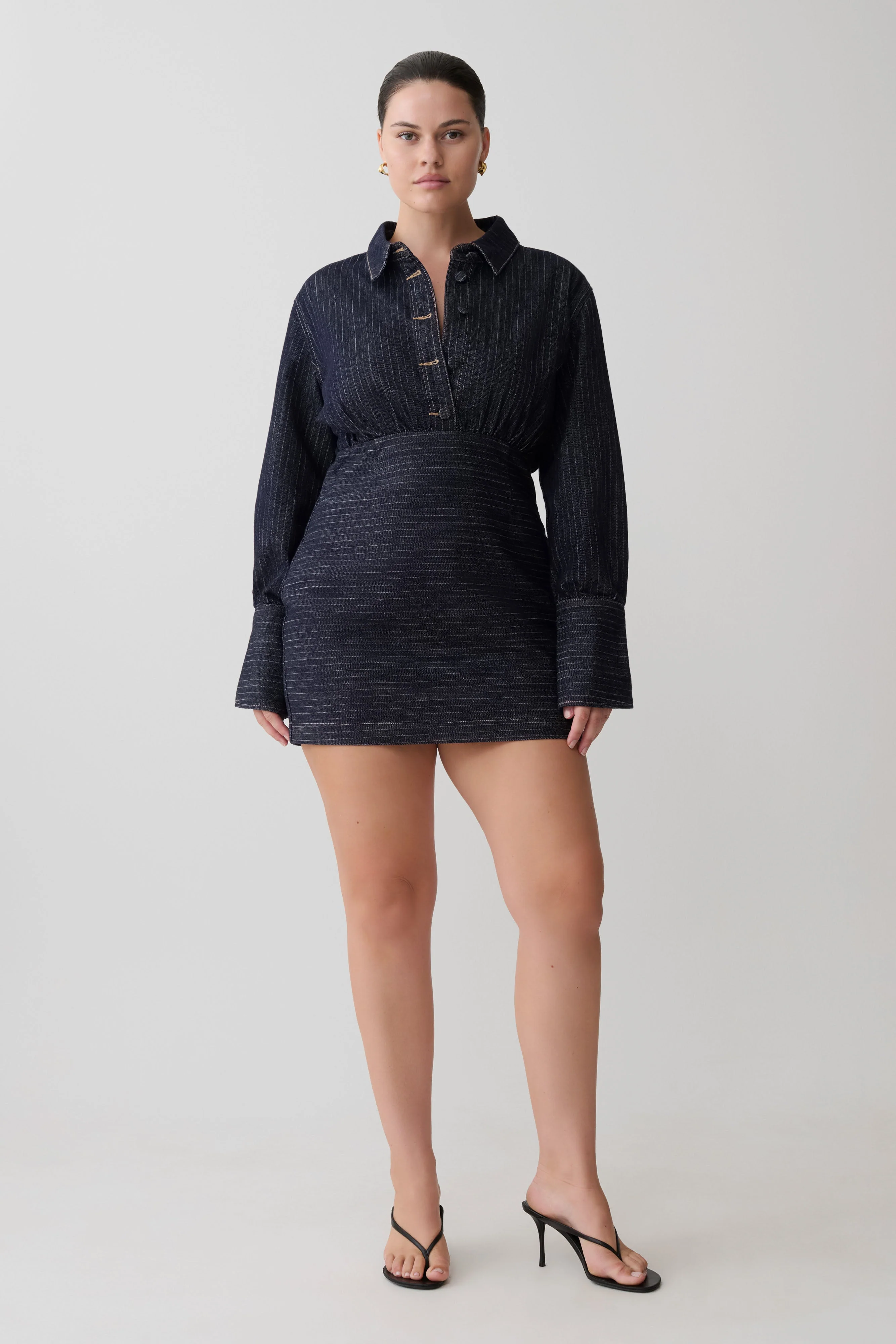 Zarah Denim Long Sleeve Mini Dress - Indigo Pinstripe - Image 5